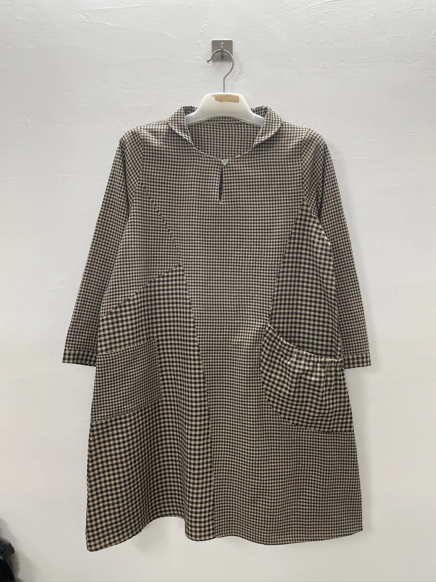 Check stand-collar long dress